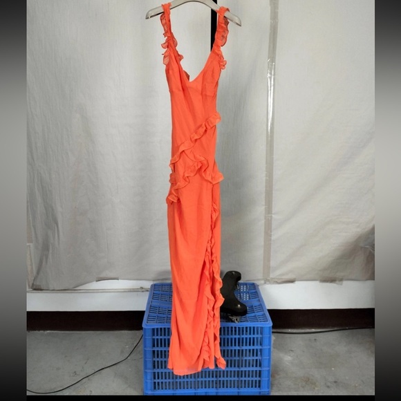 HOUSE OF CB 'Pixie' Flame Orange Ruffle Maxi Dress /Size XS-US 2-4 - Picture 4 of 8